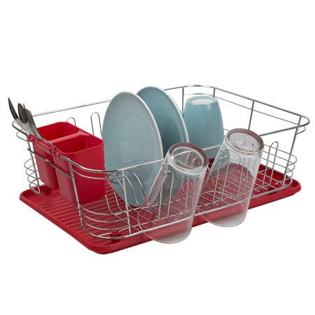 HOME BASICS 3 Piece  Chrome Plated Steel and Plastic Dish Rack, Red DD47837